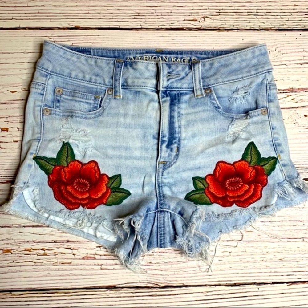AE Super Stretch Embroidered Denim Shorts
